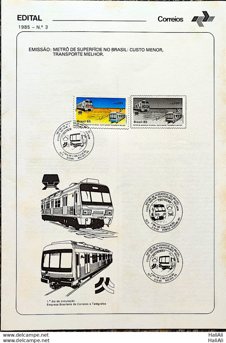 Brochure Brazil Edital 1985 03 Metro Surface Train With Stamp CBC PE Recife - Brieven En Documenten