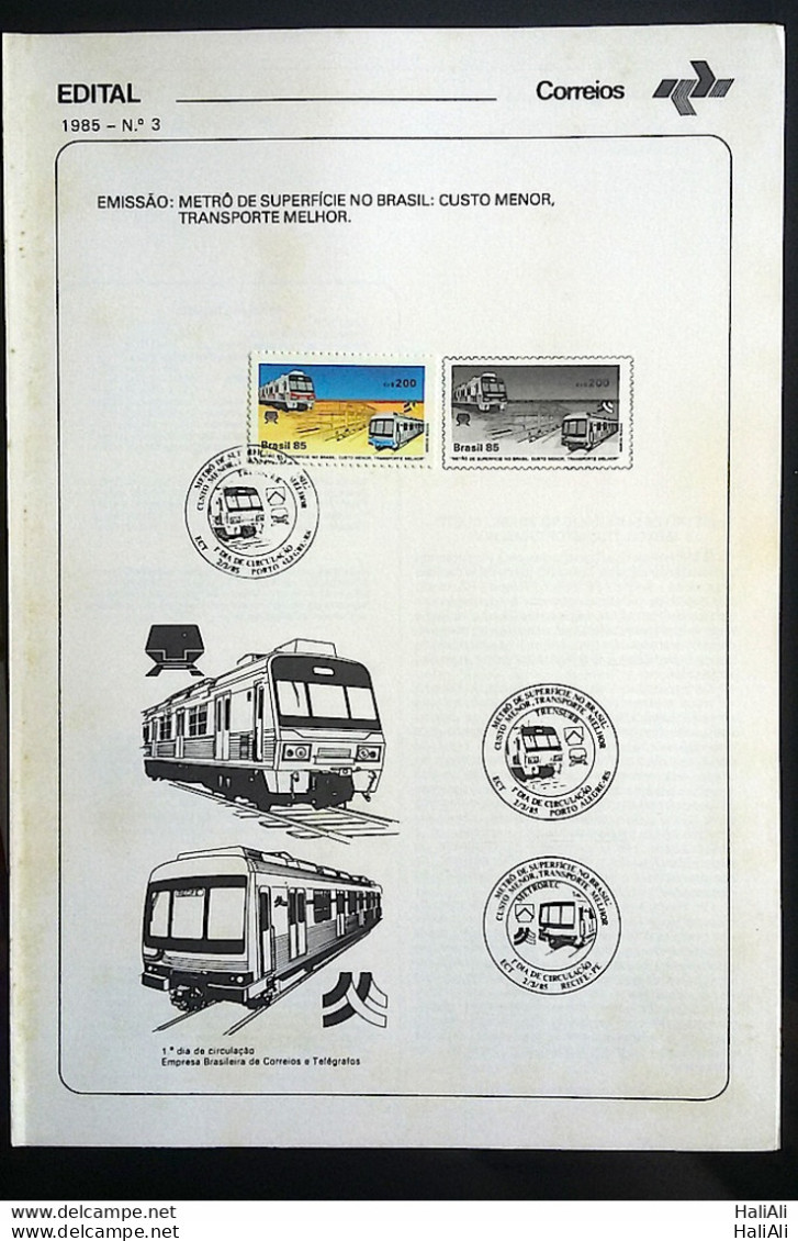 Brochure Brazil Edital 1985 03 Metro Surface Train With Stamp CBC RS Porto Alegre - Lettres & Documents