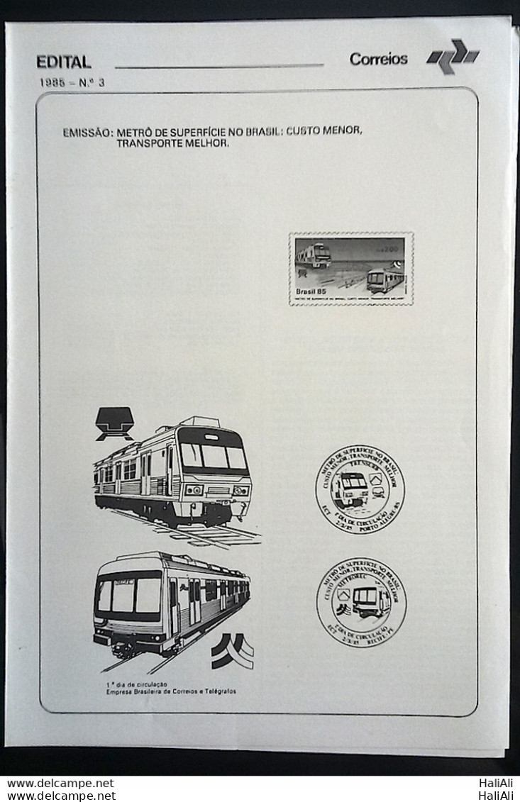 Brochure Brazil Edital 1985 03 Metro Surface Train Without Stamp - Cartas & Documentos