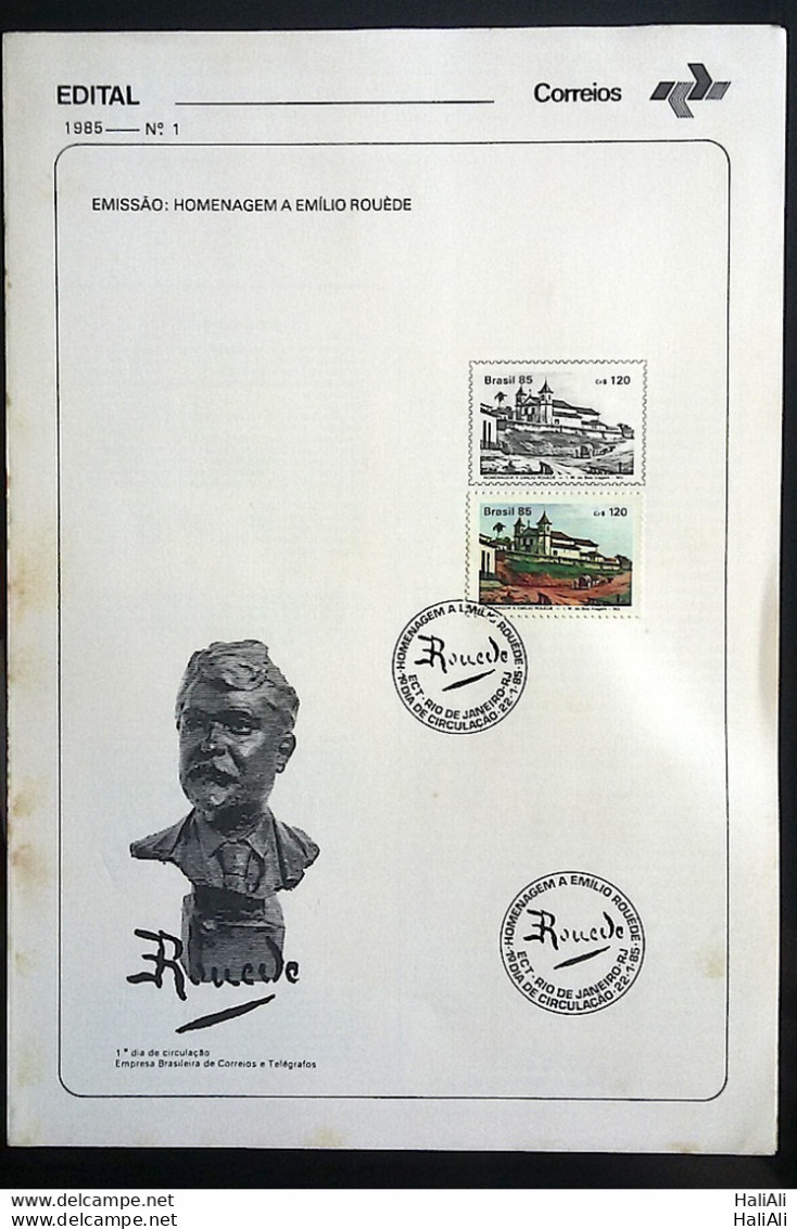 Brochure Brazil Edital 1985 01 Emilio Roude Art With Stamp CBC RJ - Cartas & Documentos
