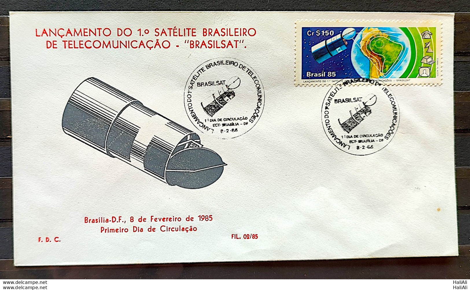 Brazil Envelope PVT FIL 002 1985 Brasilsat Satellite Map Communication CBC Brasilia - FDC
