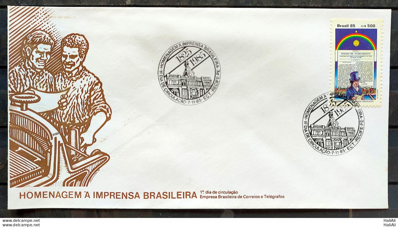 Brazil Envelope FDC 382 1985 Brazilian Press Newspaper Flag Pernambuco Hat CBC PE 02 - FDC