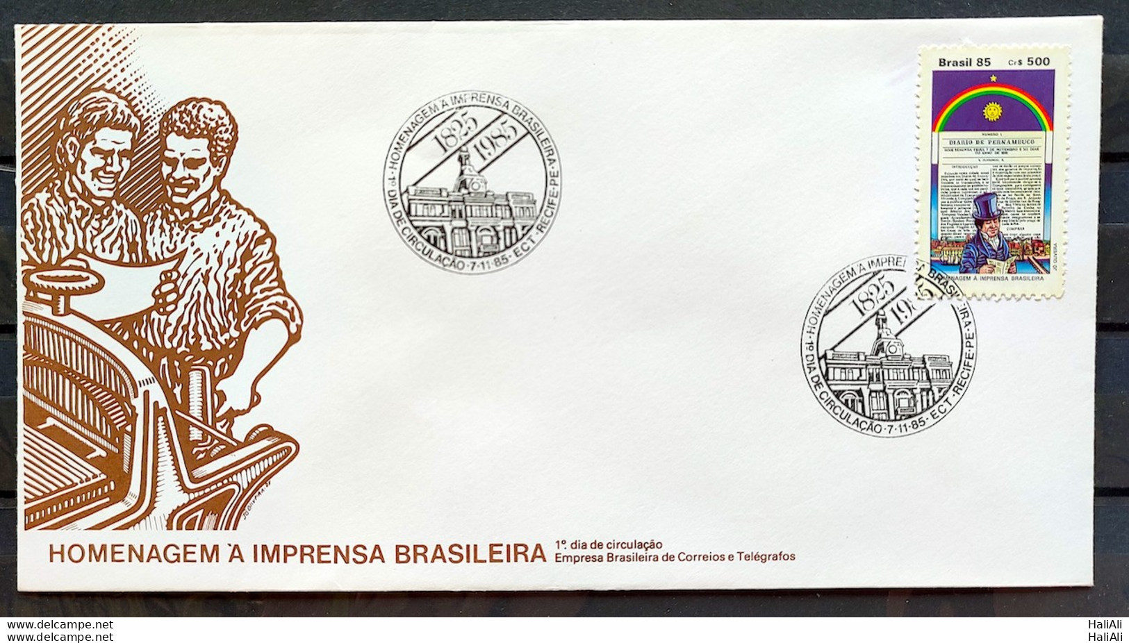 Brazil Envelope FDC 382 1985 Brazilian Press Jornal Bandeira Pernambuco Hat CBC PE 01 - FDC