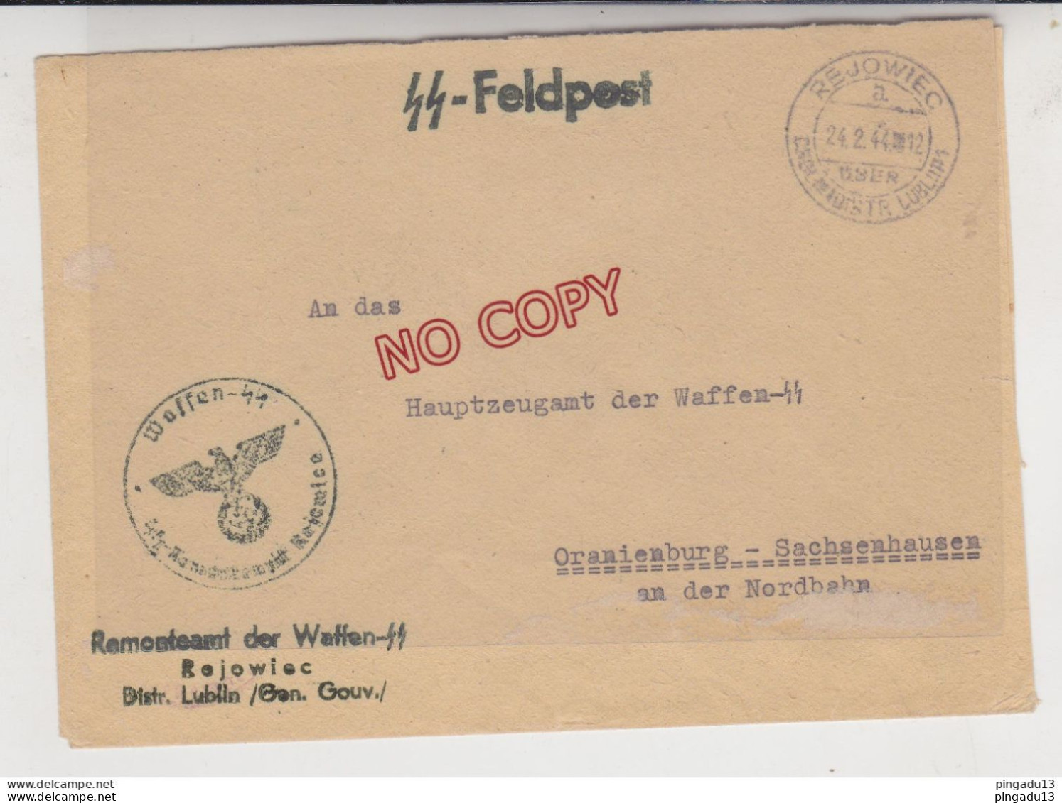 Pologne WW2 Rejowiec General Gouvernement Lublin Pour Oranienburg Sachsenhausen Feldpost Konzentrationslager - Algemene Overheid