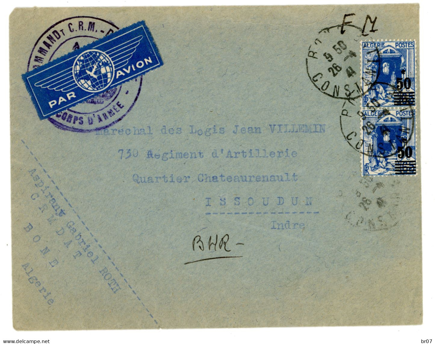 FRANCHISE PARTIELLE ALGERIE ENV 1941 BONE CONSTANTINE FM CRM - DAT. SURTAXE AERIENNE ACQUITTEE EN TIMBRES POSTE - Covers & Documents