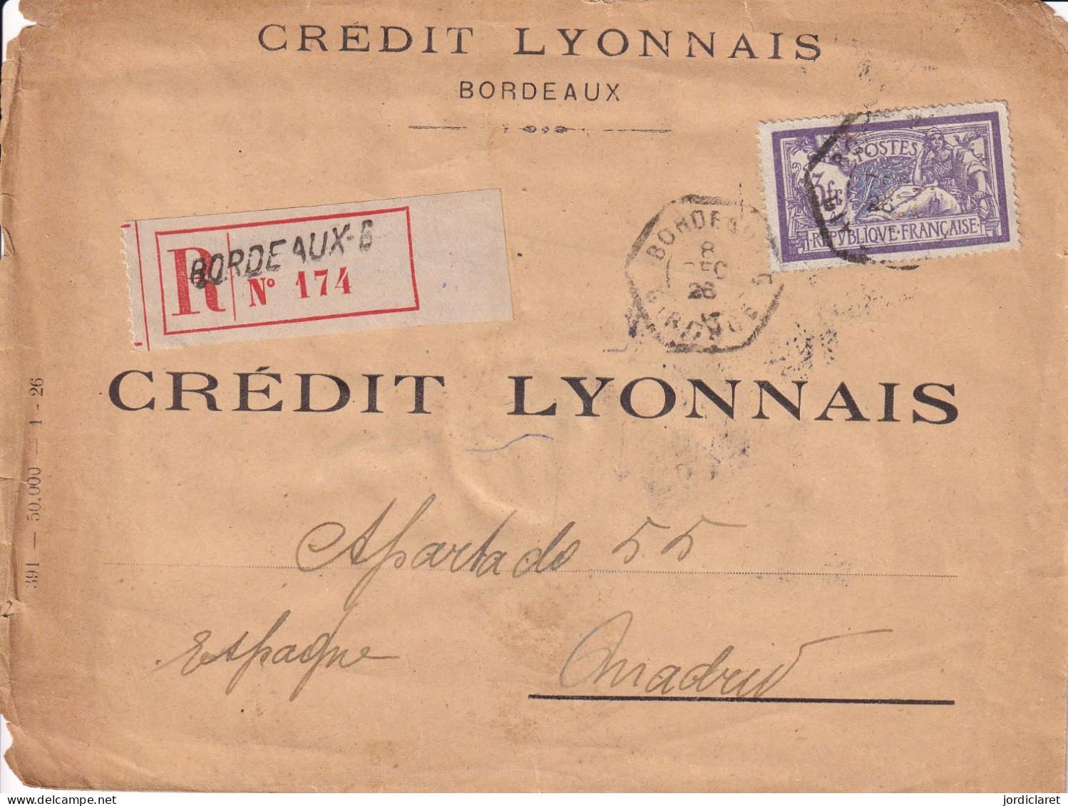 CARTA RECOMANDEE 1926  BORDEAUX - Lettres & Documents