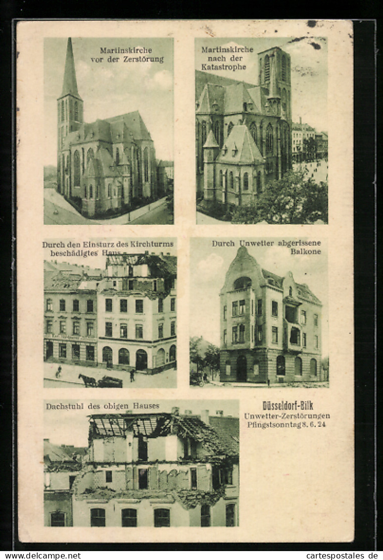 AK Düsseldorf-Bolk, Unwetter-Zerstörungen 1924, Martinskirche Vor Der Zerstörung, Beschädigtes Haus  - Floods