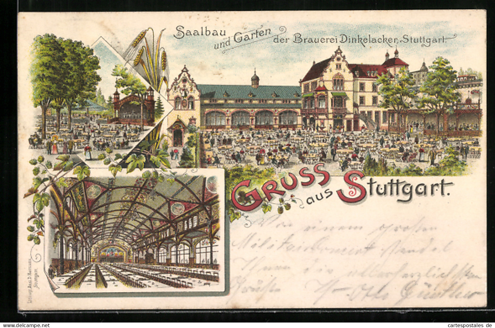 Lithographie Stuttgart, Restaurant, Saalbau Und Garten Der Brauerei Dinkelacker, Innenansicht  - Stuttgart