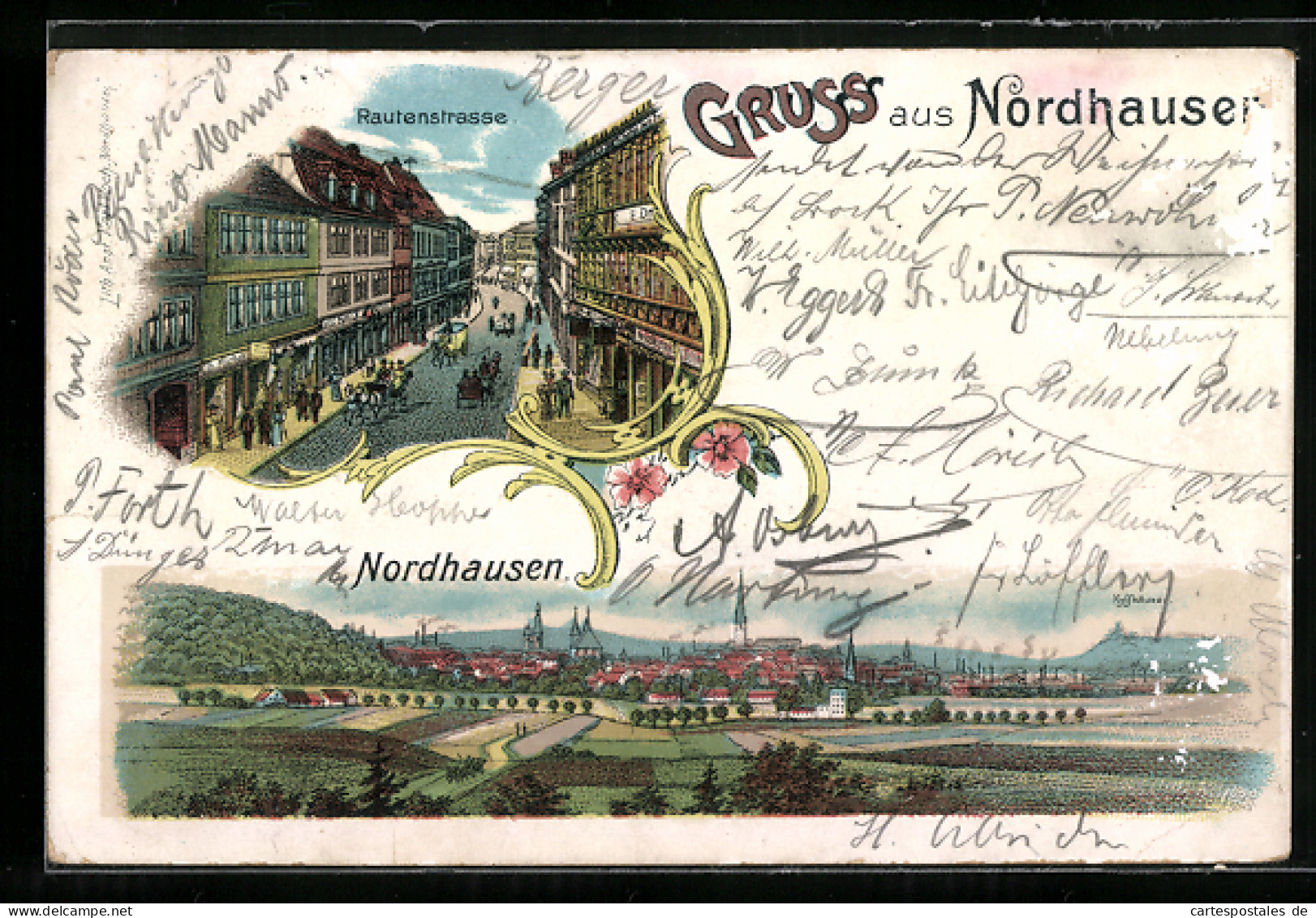 Lithographie Nordhausen, Rautenstrasse, Totalansicht  - Nordhausen