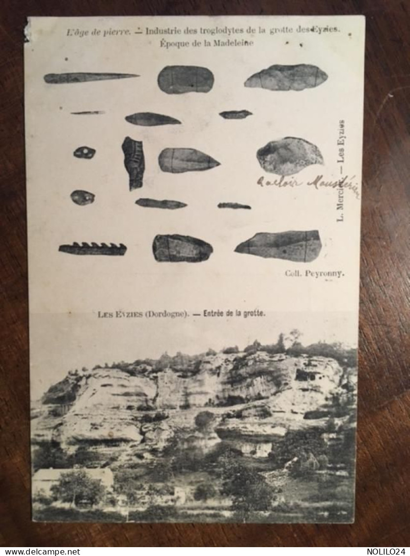 Cpa 24 Dordogne Double Vues LES EYZIES Entrée De La Grotte, Âge De Pierre Industrie Des Troglodytes, ép. De La Madeleine - Les Eyzies