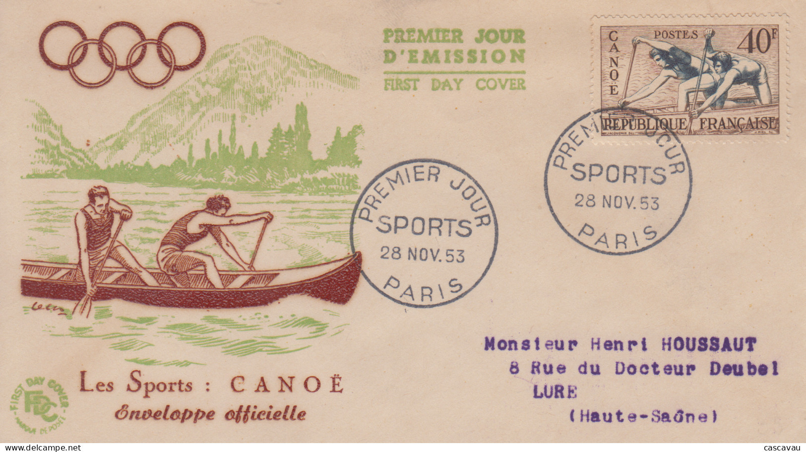 Enveloppe  FDC   1er  Jour    FRANCE     SPORTS     Canoë     1953 - 1950-1959