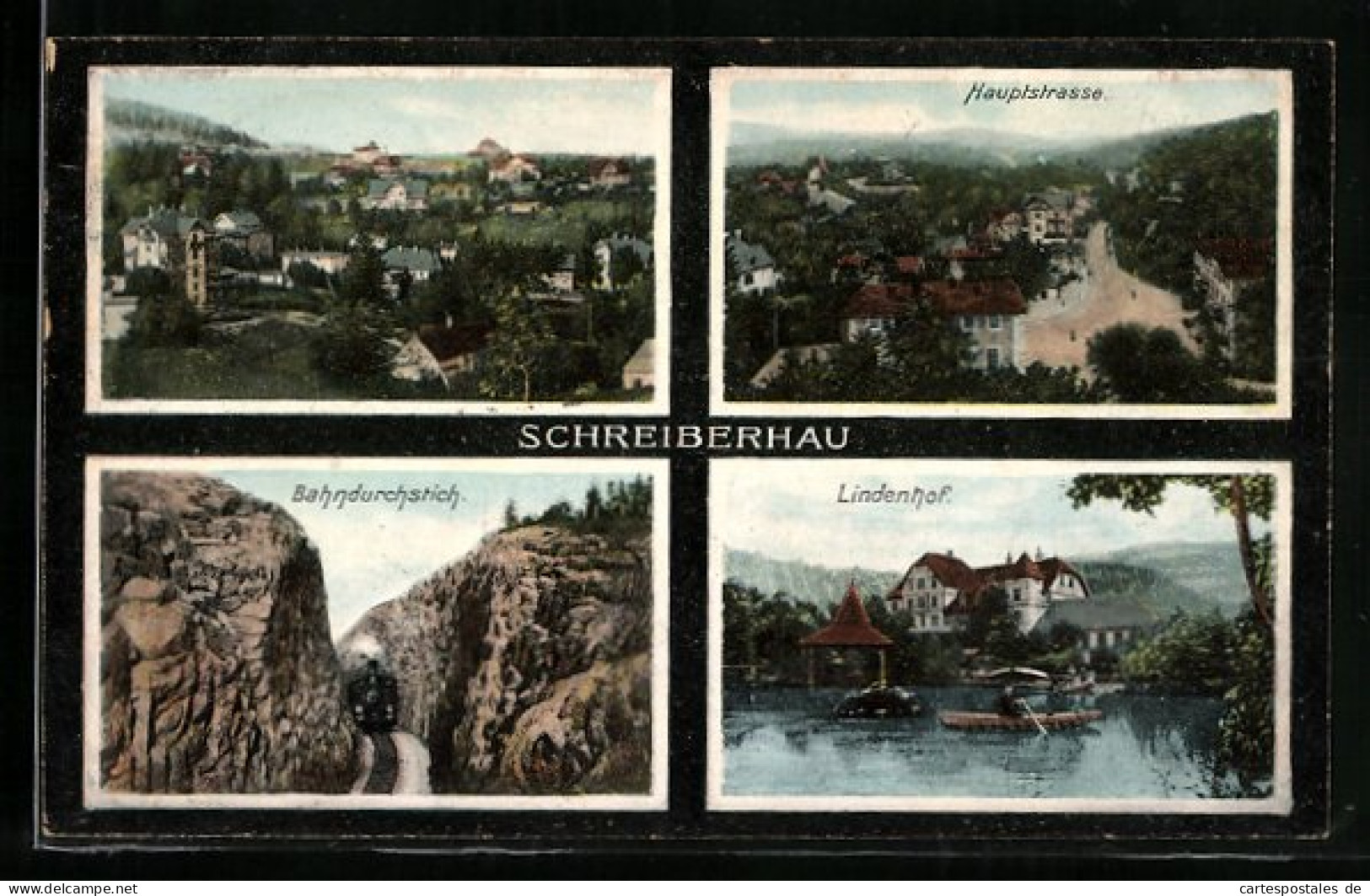 AK Schreiberhau I. Riesengeb., Ortsansicht, Hauptstrasse, Bahndurchbruch, Lindenhof  - Schlesien