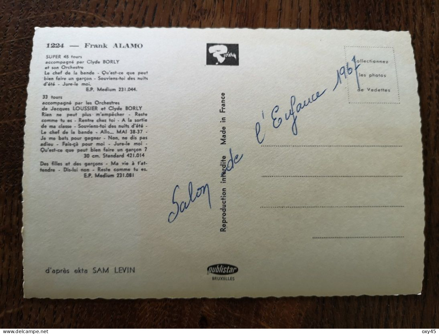 Carte Postale Artiste Frank Alamo Dédicace 1967 N°1224 - Sänger Und Musikanten