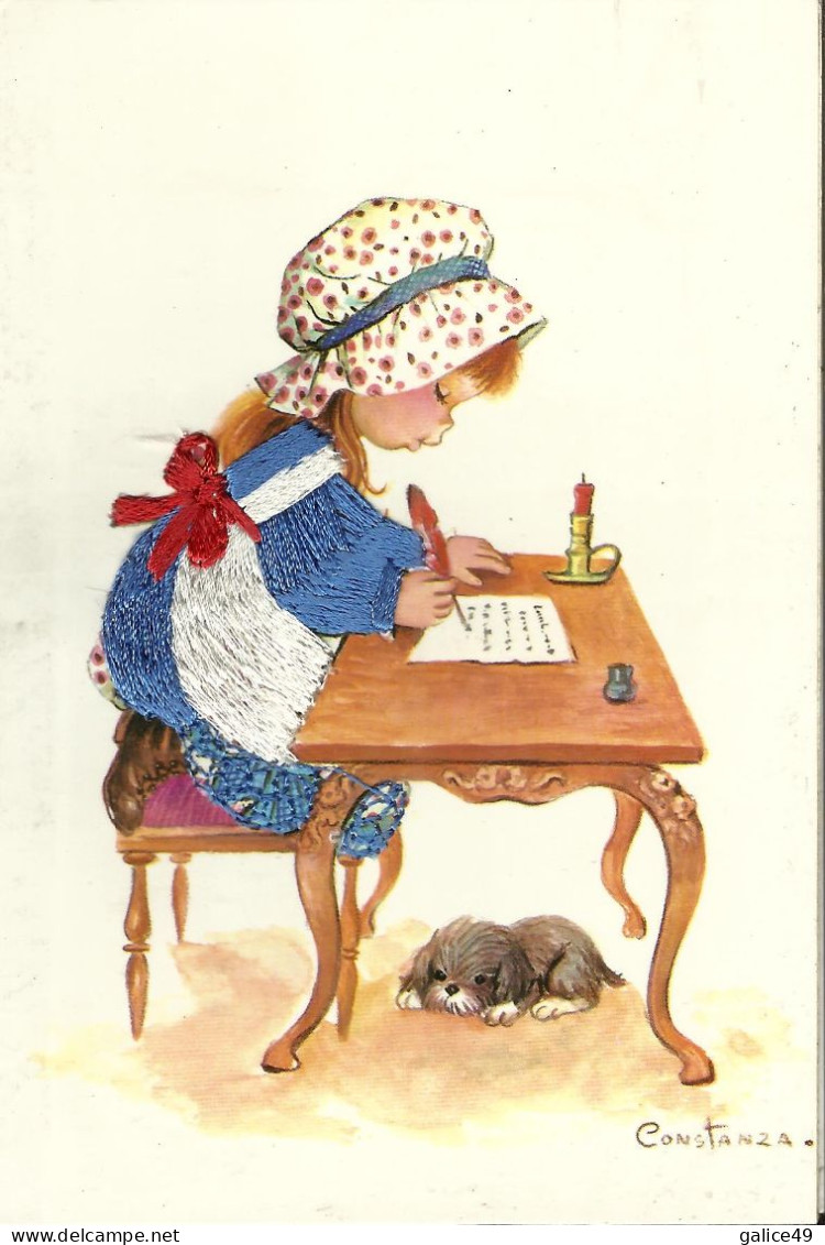6002 Belle Carte Brodée Fillette écrivant Et Petit Chien - Illustrateur Constanza - Bestickt