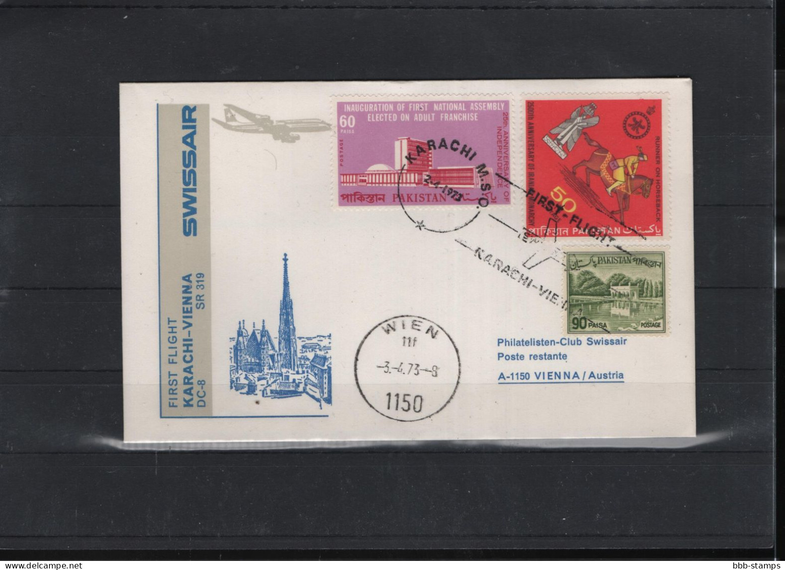 Schweiz Luftpost FFC Swissair  3.4.1973 Karachi - Wien - First Flight Covers