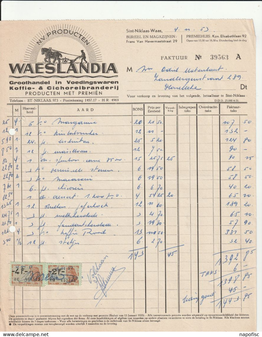 104-Waeslandia..Groothandel In Voedingswaren, Koffie & Cichoreibranderij...Sint-Niklaas-Waas..Belgique-Belgie.....1951 - Levensmiddelen