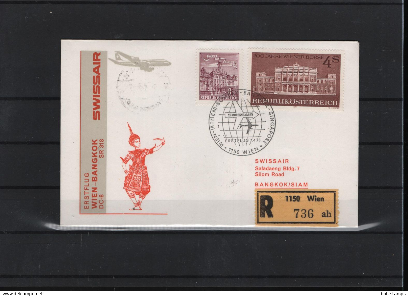 Schweiz Luftpost FFC Swissair  3.4.1973 Wien - Bankok - Premiers Vols