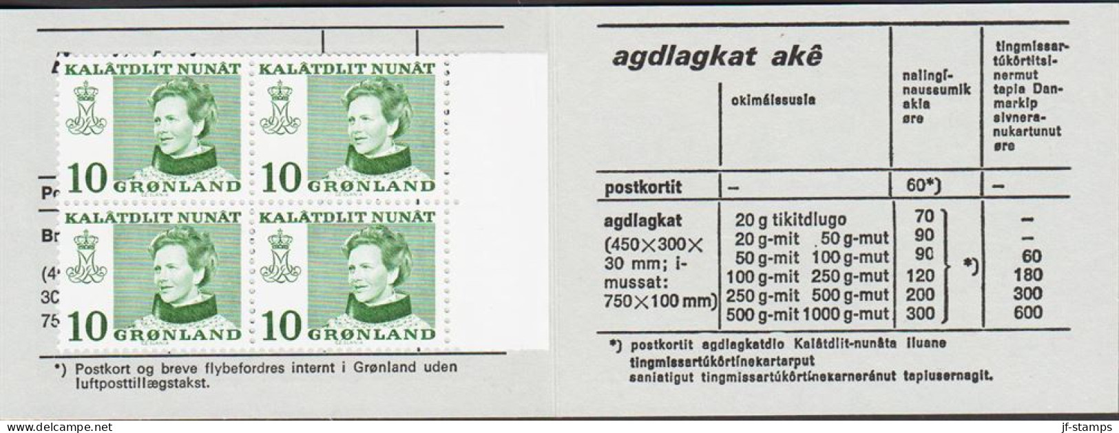 1973. GRØNLAND.  Margrete 10 ØRE On Normal Paper In 4-Block. Private Stamp Booklet Approved B... (Michel 84x) - JF545574 - Ongebruikt