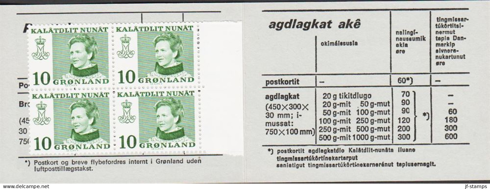 1973. GRØNLAND.  Margrete 10 ØRE On Normal Paper In 4-Block. Private Stamp Booklet Approved B... (Michel 84x) - JF545575 - Ungebraucht