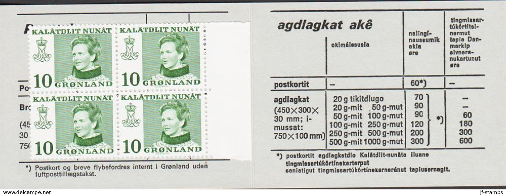 1973. GRØNLAND.  Margrete 10 ØRE On Normal Paper In 4-Block. Private Stamp Booklet Approved B... (Michel 84x) - JF545575 - Ongebruikt