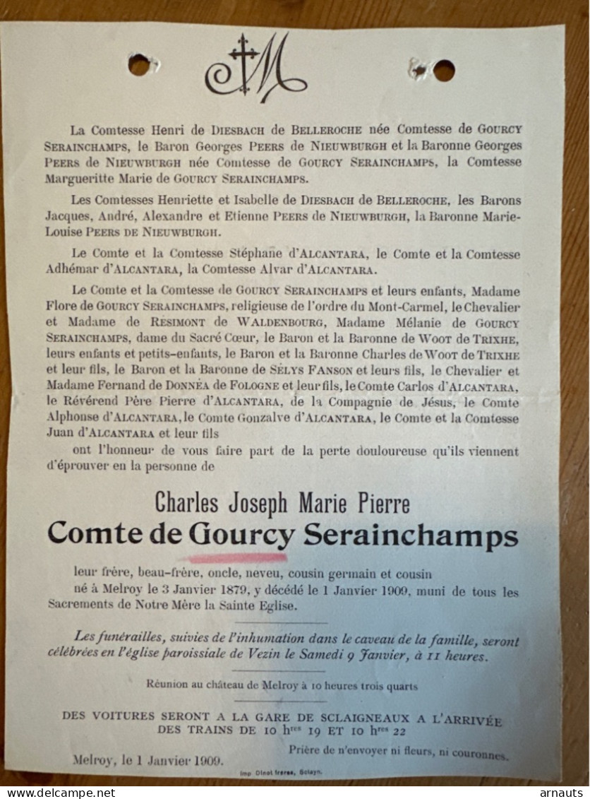 Charles Comte De Gourcy Serainchamps *1879 Melroy +1909 Melroy Vezin Sclayn De Diesbach De Belleroche Peers De Nieuwburg - Esquela