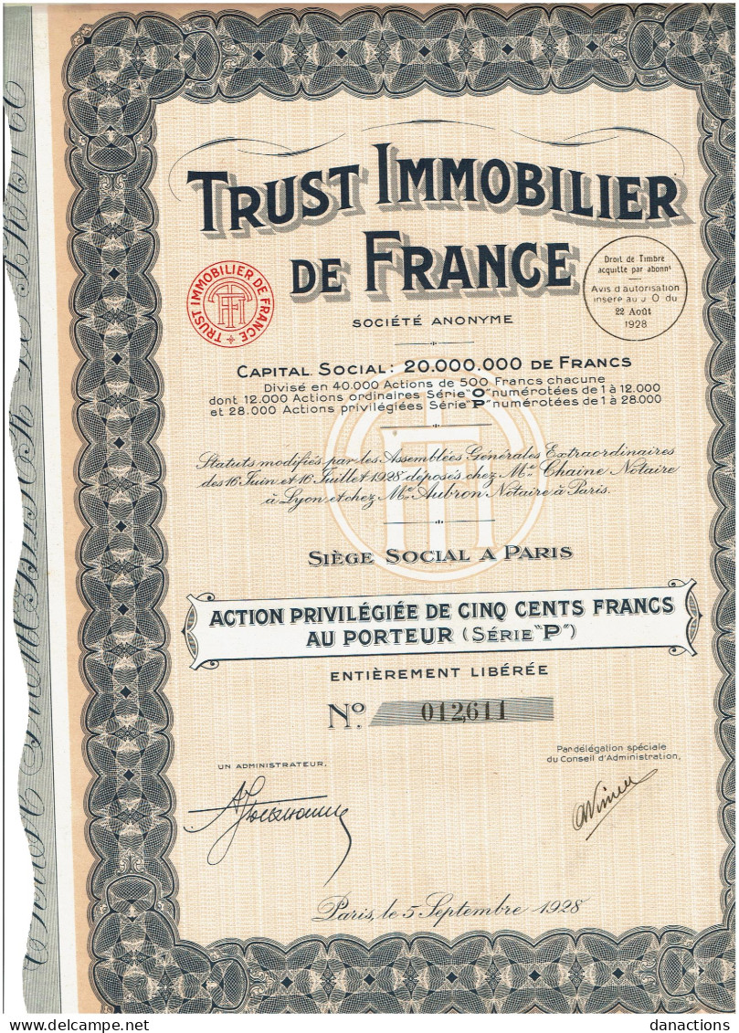 69-TRUST IMMOBILIER DE FRANCE.  PARIS/ LYON   Lot De 2   - Andere & Zonder Classificatie
