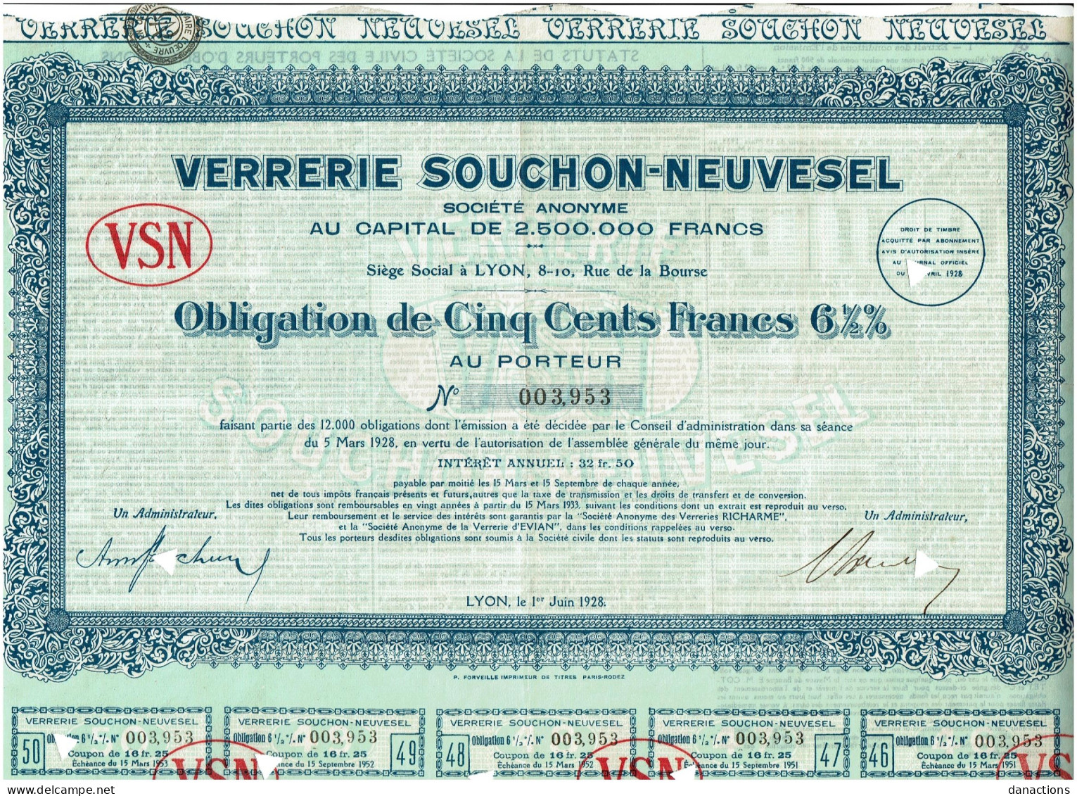 69-VERRERIE SOUCHON-NEUVESEL.    1928  Lot De 5 - Sonstige & Ohne Zuordnung