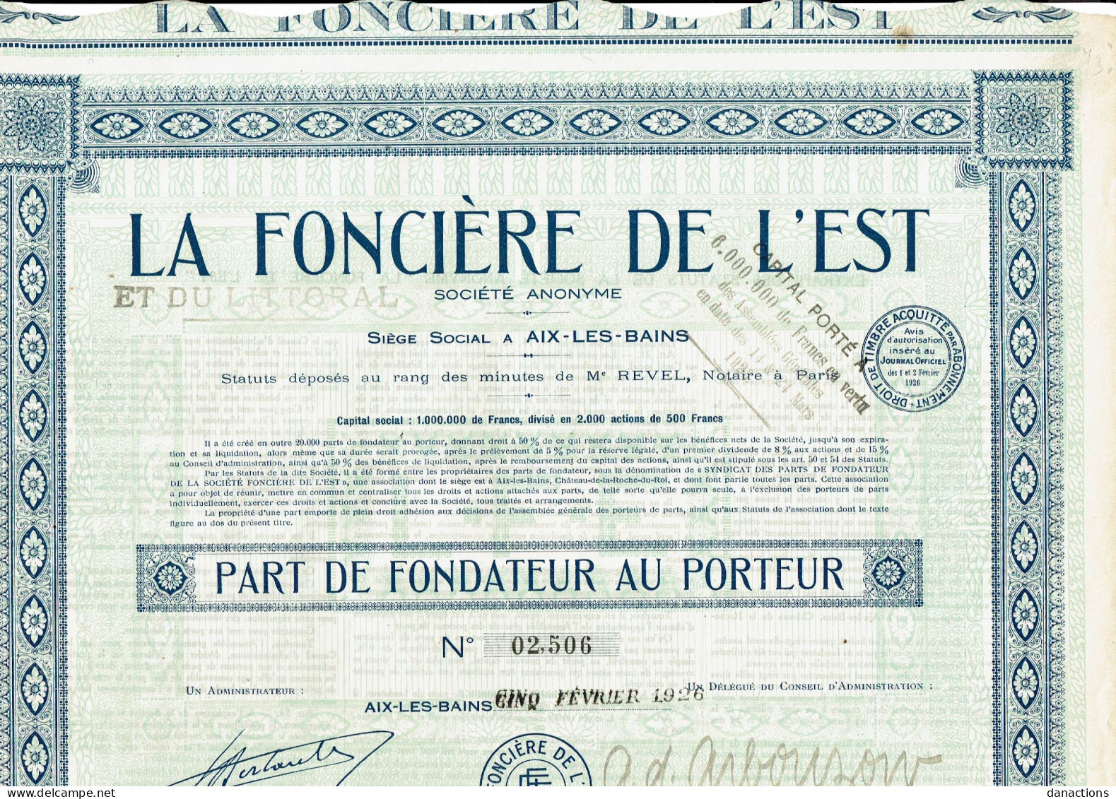 73-FONCIERE DE L'EST ET DU LITORAL  AIX LES BAINS.  Part De Fondateur - Altri & Non Classificati