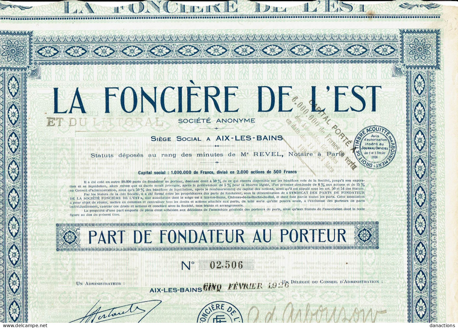 73-FONCIERE DE L'EST ET DU LITORAL  AIX LES BAINS.  Part De Fondateur - Otros & Sin Clasificación