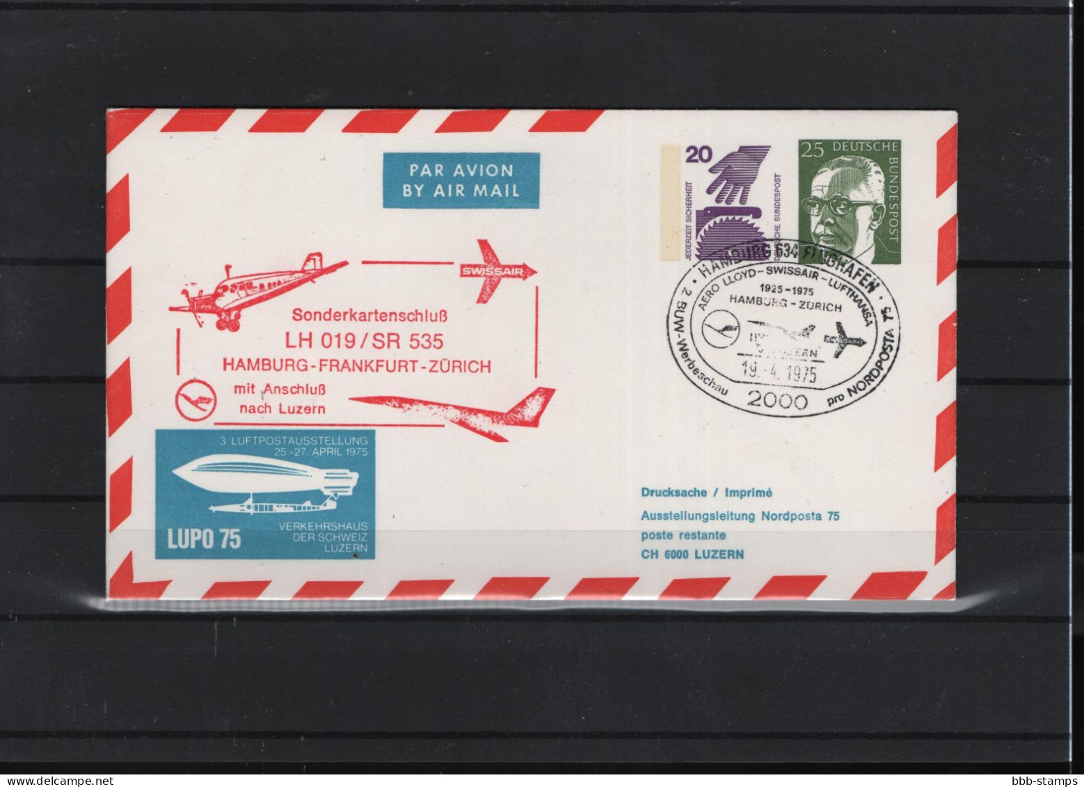 Schweiz Luftpost FFC Swissair  19.4.1975 Hamburg - Frankfurt - Zürich - First Flight Covers