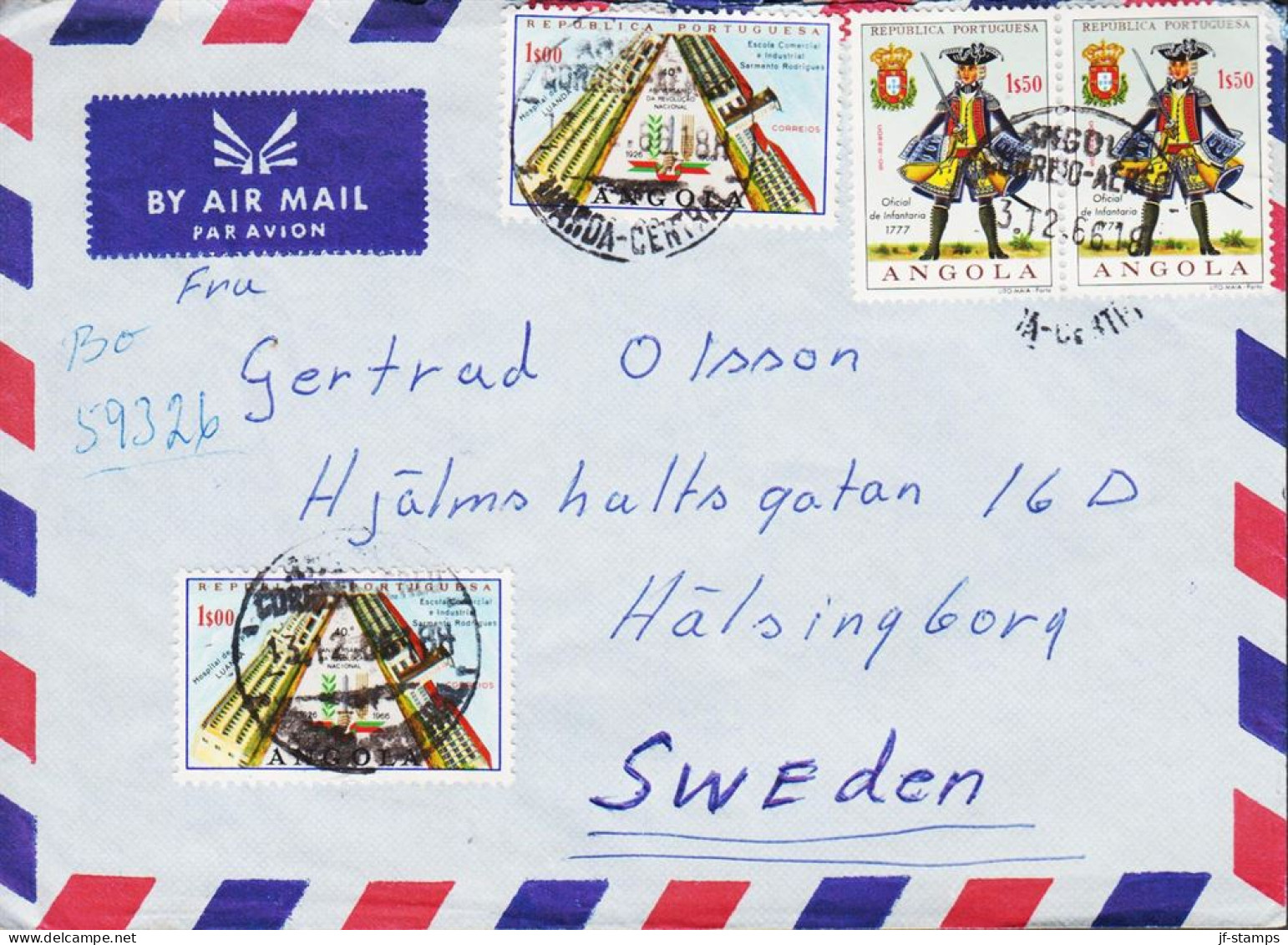 1966. ANGOLA. AIR MAIL Cover To Sweden With Pair  1$50 Uniforms And 2 Ex 1$00 Revolution Can... (Michel 527+) - JF545658 - Angola