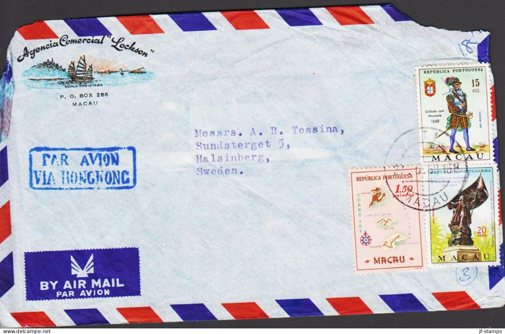 1968. MACAU. AIR MAIL Cover (damaged) To Sweden With 15 AVOS Military Uniform + 20 AVOS + 1,... (Michel 413+) - JF545659 - Ongebruikt