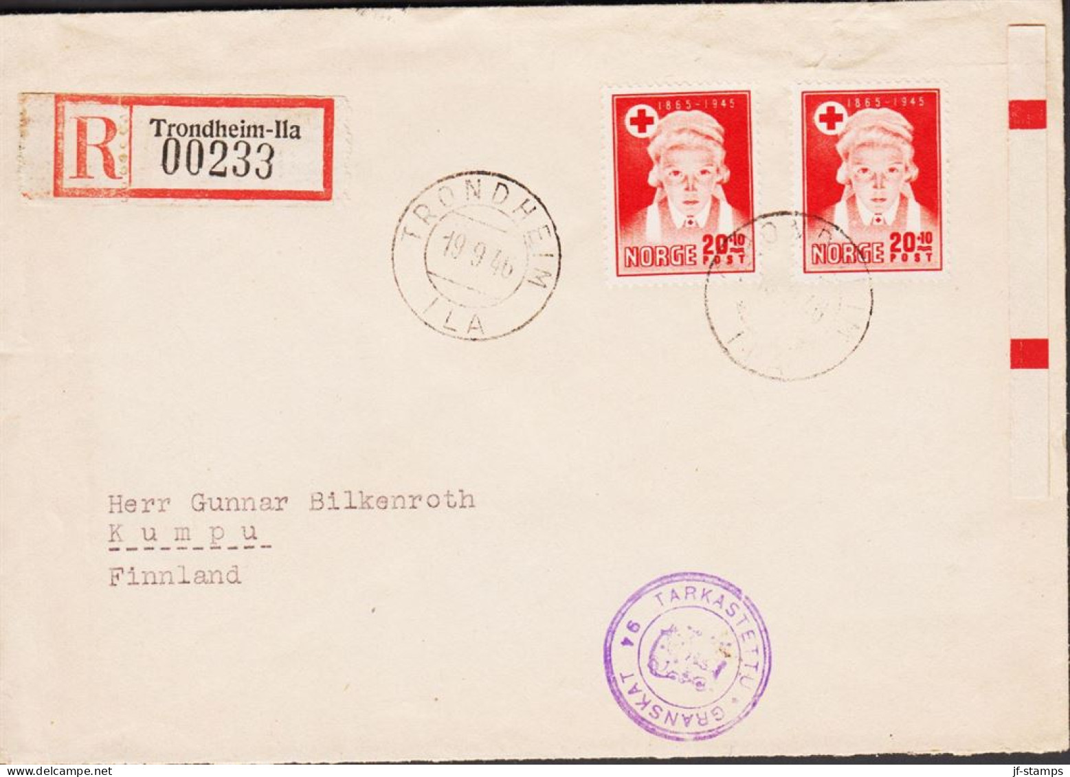 1946. NORGE. Two Ex Red Cross 20+10 On Censored Registered Cover To Kumpu, Finland Cancelled ... (Michel 307) - JF545660 - Lettres & Documents