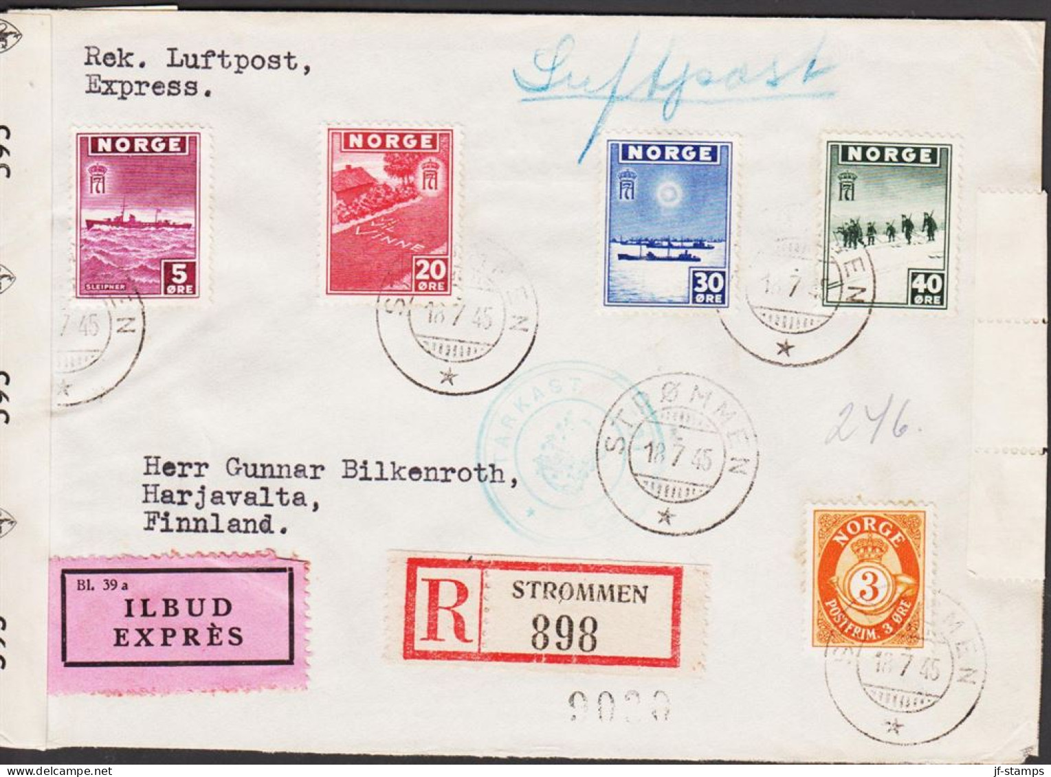 1945. NORGE. London Issue 5, 20, 30 And 40 ØRE + 3 ØRE Posthorn On Censored Registered Luftp... (Michel 281+) - JF545661 - Lettres & Documents