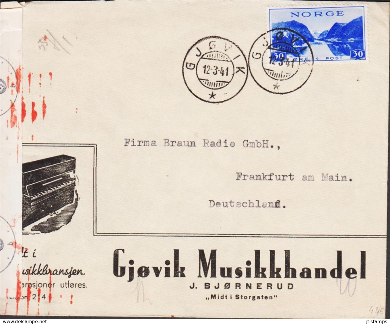 1941. NORGE. Beautiful Censored Advertisement Envelope (Gjövik Musikhandel, Piano Motive) Wit... (Michel 202) - JF545662 - Briefe U. Dokumente