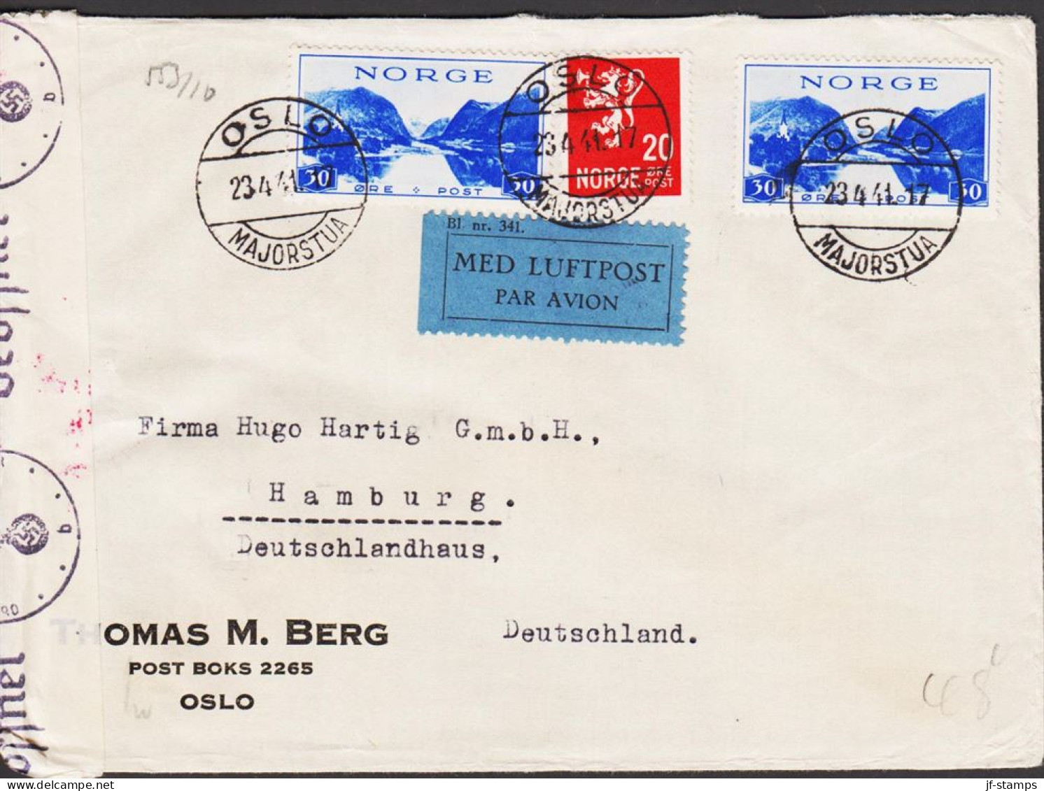 1941. NORGE. Fine Censored Envelope With 2 Ex 30 ØRE Turism (Sunnfjord) And 20 ØRE 
 Lion T... (Michel 202+) - JF545663 - Covers & Documents