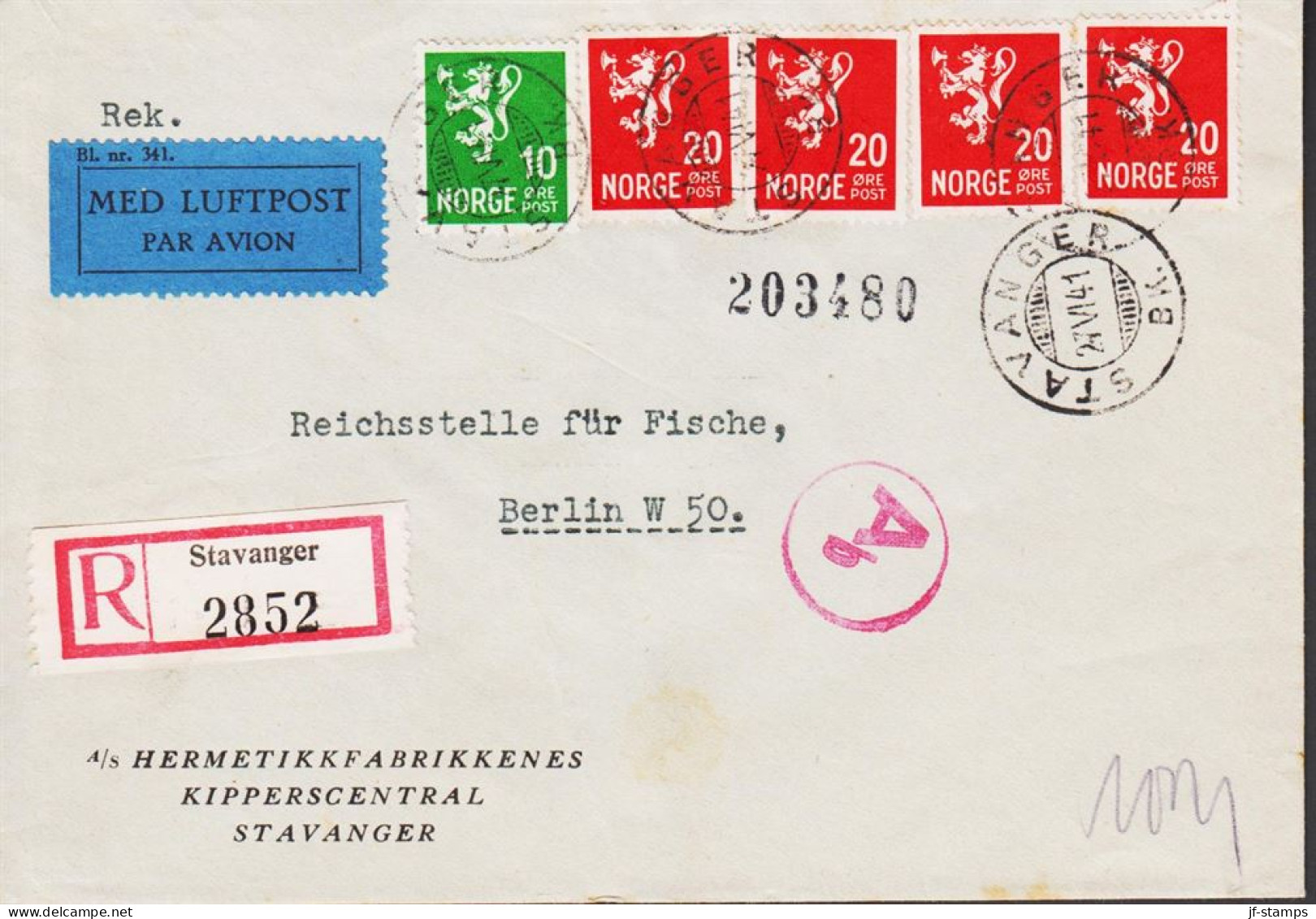 1941. NORGE. Fine Censored Registered Envelope With 4 Ex 20 ØRE And 10 ØRE 
 Lion To Reichs... (Michel 184+) - JF545664 - Lettres & Documents