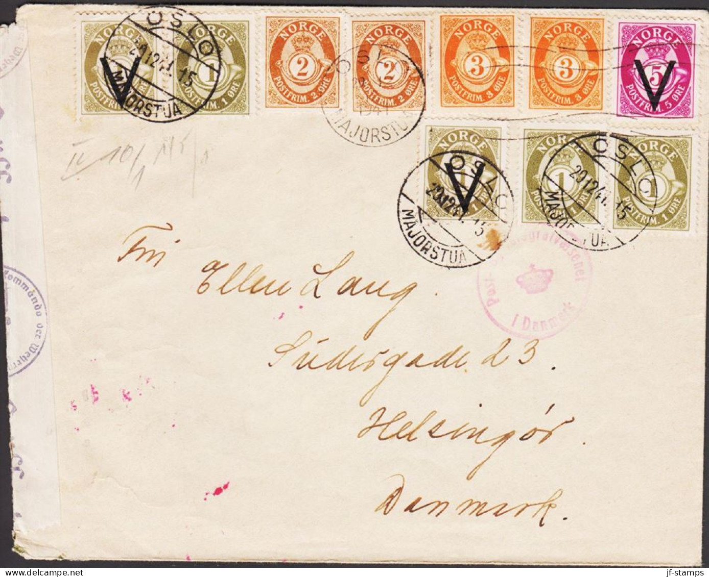 1941. NORGE. Fine Censored Envelope To Helsingör, Danmark With Very Unusual  Posthorn Franki... (Michel 237+) - JF545665 - Storia Postale