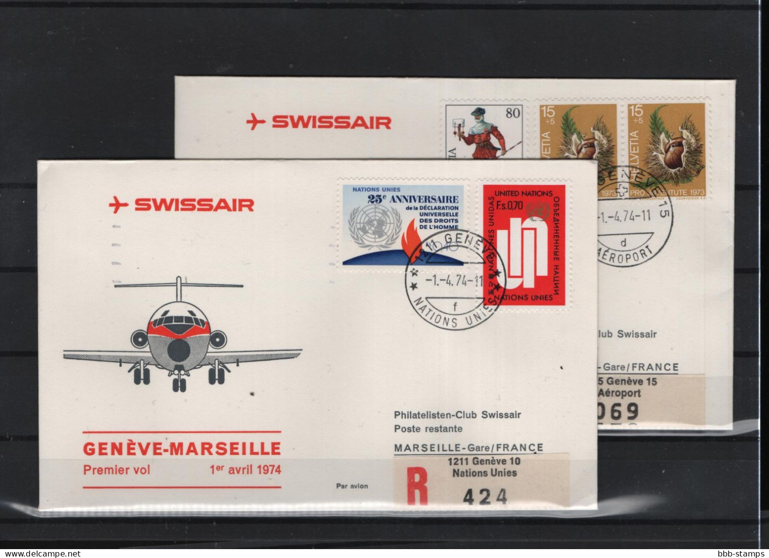 Schweiz Luftpost FFC Swissair  1.4.1974 Genf - Marseille - Eerste Vluchten