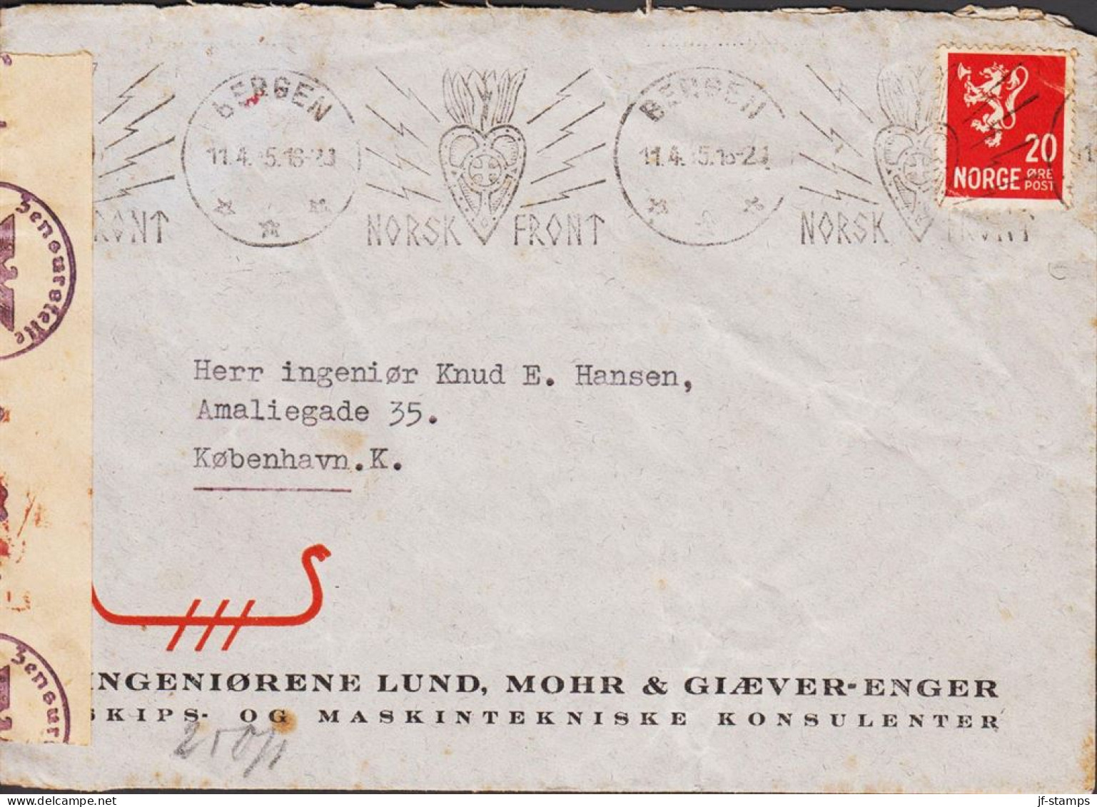 1945. NORGE. Very Interesting Late Censored Cover (rust) To Denmark Cancelled BERGEN NORSK FR... (Michel 184) - JF545669 - Storia Postale