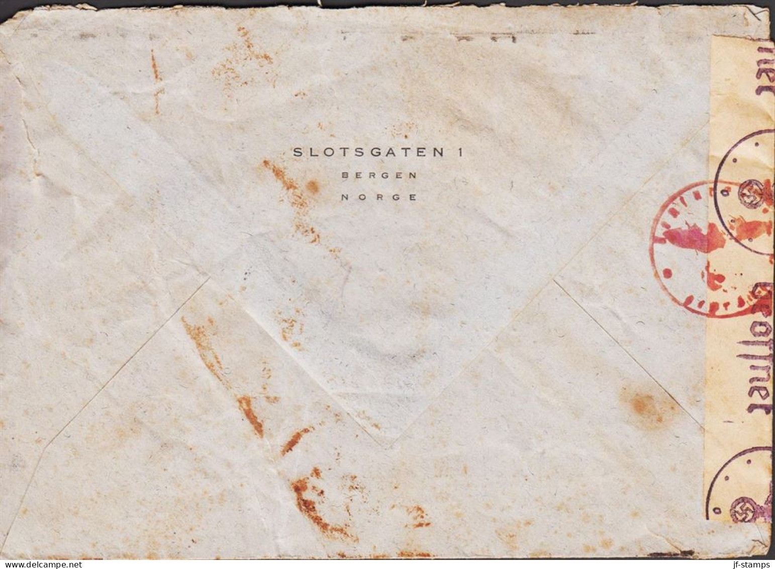 1945. NORGE. Very Interesting Late Censored Cover (rust) To Denmark Cancelled BERGEN NORSK FR... (Michel 184) - JF545669 - Brieven En Documenten