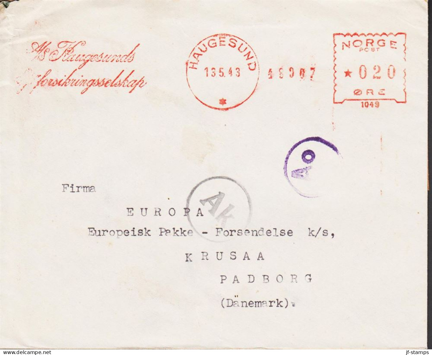 1943. NORGE. Very Interesting Cover To Firma EUROPA Europæisk Pakke Forsendelse, KRUSAA PADBORG DANMARK Ca... - JF545670 - Covers & Documents