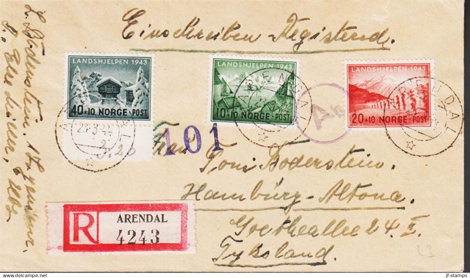 1944. NORGE. Very Fine Small Registered Envelope With Complete Set LANDSHJELPEN Cancelled... (Michel 292-294) - JF545671 - Covers & Documents