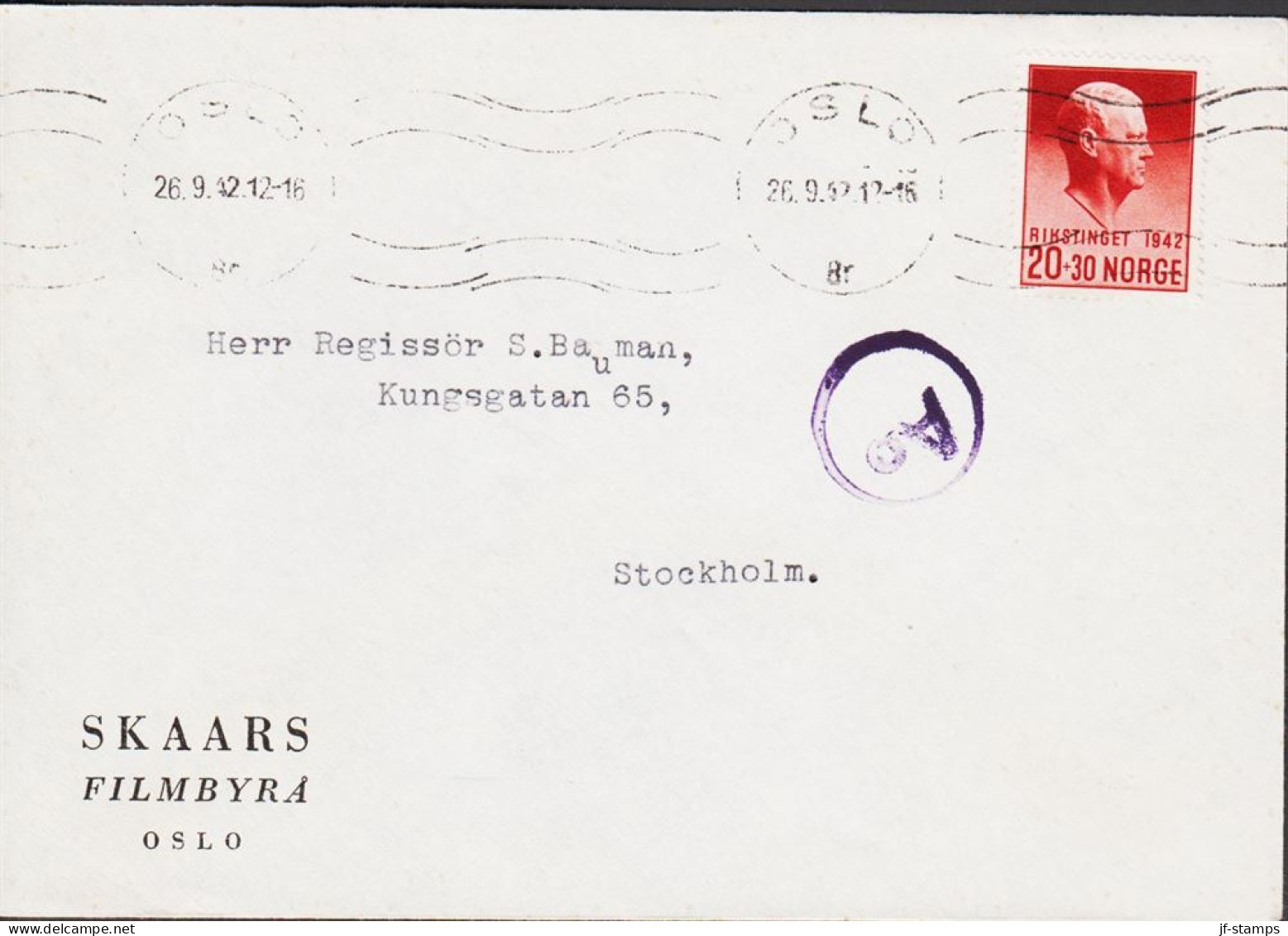 1944. NORGE. Fine Envelope To Sverige With 20+30 ØRE Quisling RIKSTINGET 1942 Cancelled OSLO ... (Michel 271) - JF545672 - Covers & Documents