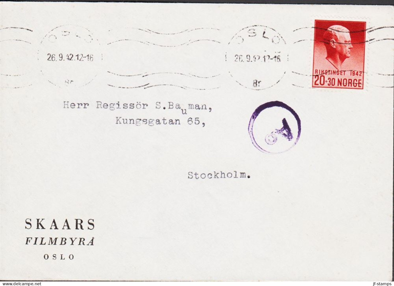 1944. NORGE. Fine Envelope To Sverige With 20+30 ØRE Quisling RIKSTINGET 1942 Cancelled OSLO ... (Michel 271) - JF545672 - Storia Postale