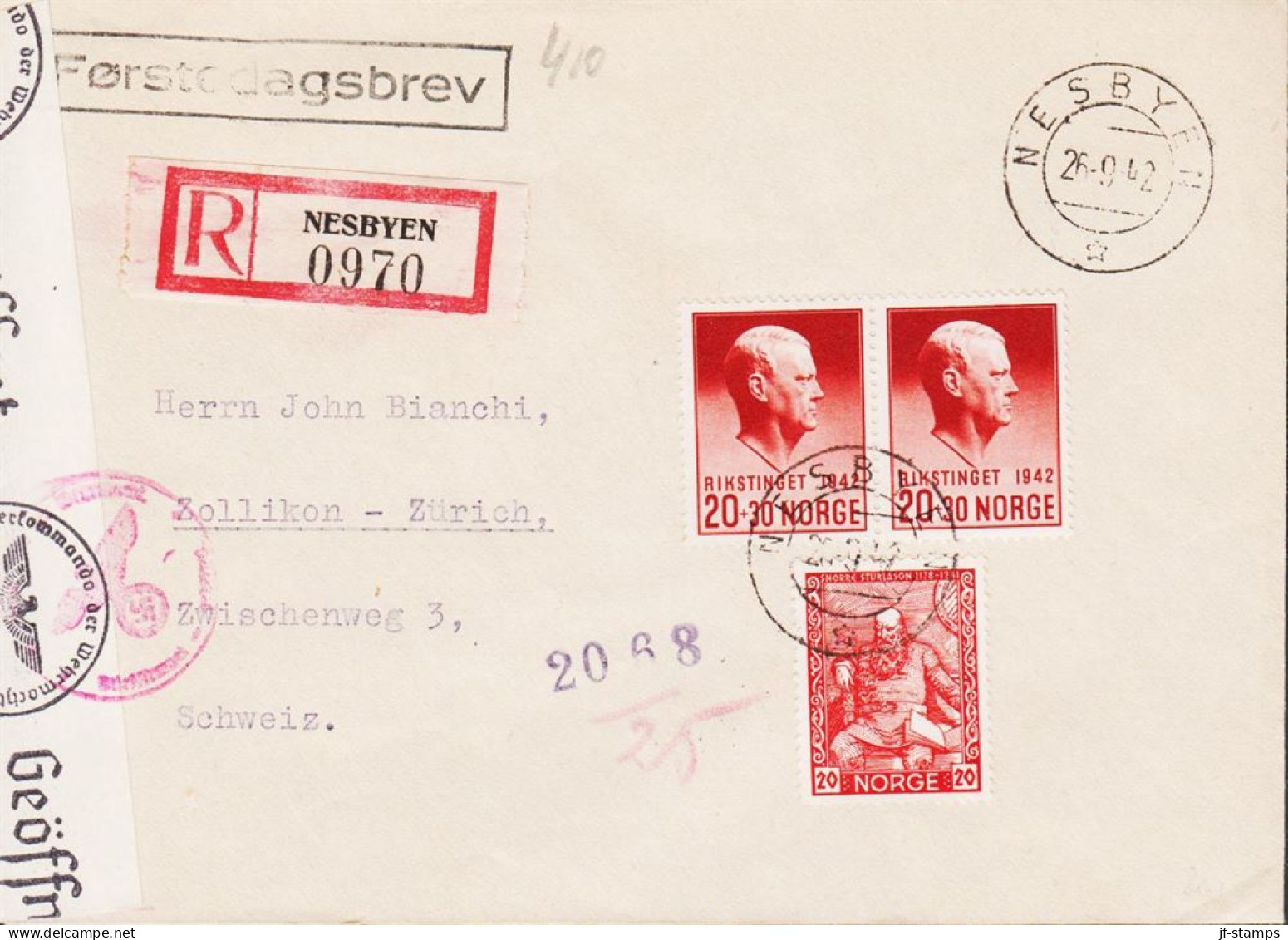 1944. NORGE. Fine Registered Envelope To Schweiz With Pair 20+30 ØRE Quisling RIKSTINGET 1942... (Michel 271) - JF545673 - Briefe U. Dokumente