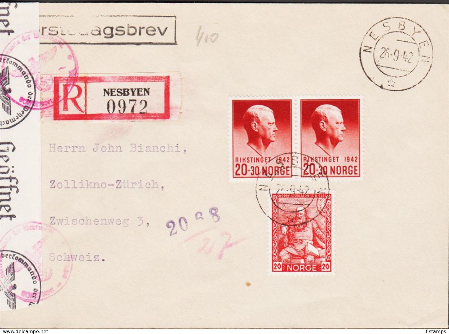 1944. NORGE. Fine Registered Envelope To Schweiz With Pair 20+30 ØRE Quisling RIKSTINGET 1942... (Michel 271) - JF545674 - Lettres & Documents