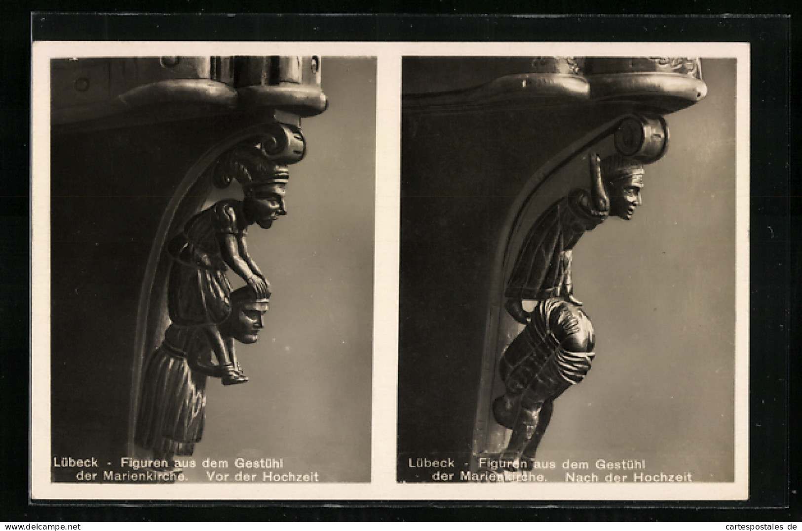 AK Lübeck, Zwei Ansichten Von Figuren Aus Dem Gestühl Der Marienkirche-Vor- Und Nach Der Hochzeit  - Luebeck