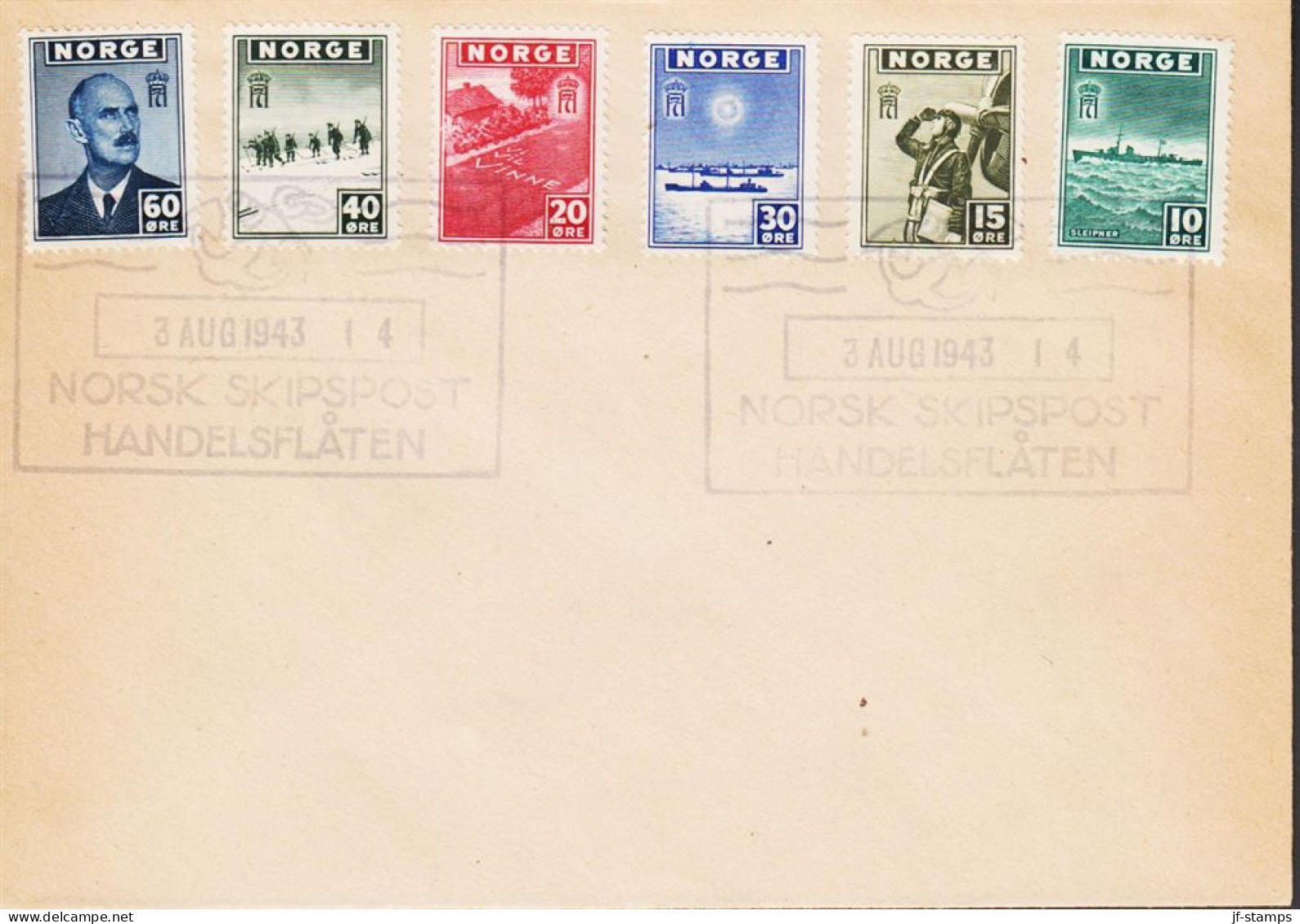 1943. NORGE. Fine Envelope With 10, 15, 20, 30 40 And 60 ØRE London Issue Cancelled With ... (Michel 278-283) - JF545675 - Covers & Documents
