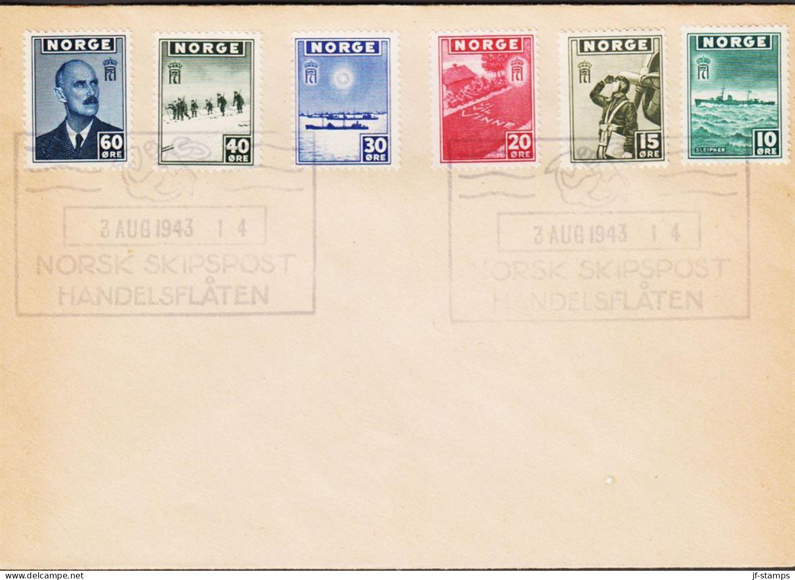 1943. NORGE. Fine Envelope With 10, 15, 20, 30 40 And 60 ØRE London Issue Cancelled With ... (Michel 278-283) - JF545676 - Brieven En Documenten